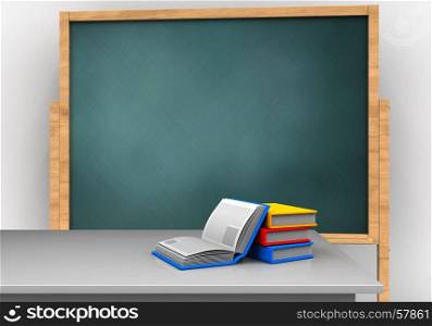 3d illustration of board with books and. 3d white desk
