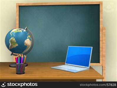 3d illustration of board with computert and globe. 3d blank