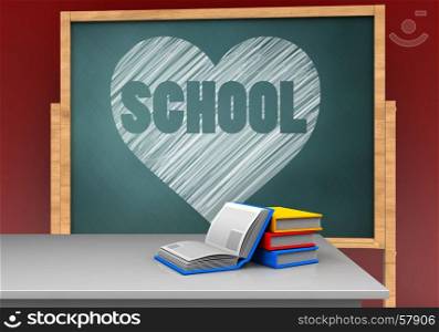 3d illustration of board with heart and school text and books. 3d white desk