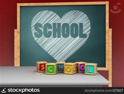3d illustration of board with heart and school text and letters cubes. 3d white desk