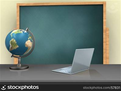 3d illustration of board with laptop computert and globe. 3d blank