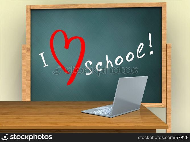 3d illustration of board with love school text and laptop computer. 3d love school