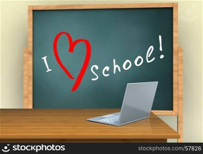 3d illustration of board with love school text and laptop computer. 3d love school