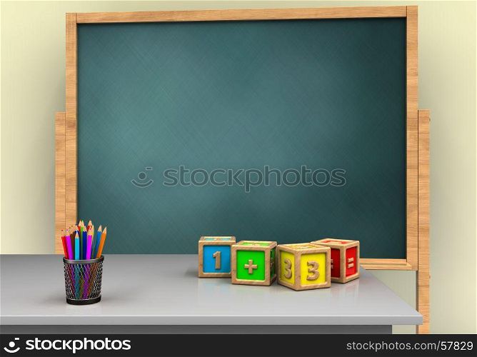 3d illustration of board with math cubes and. 3d blank