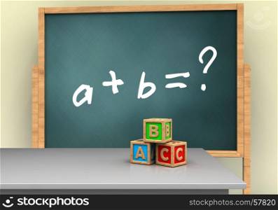 3d illustration of board with math exercise text and abc cubes. 3d math exercise