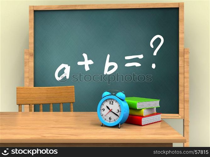 3d illustration of board with math exercise text and alarm clock. 3d blank