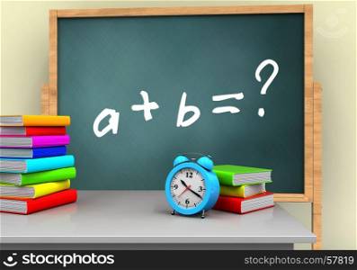 3d illustration of board with math exercise text and alarm clock. 3d board