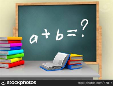 3d illustration of board with math exercise text and books. 3d blank