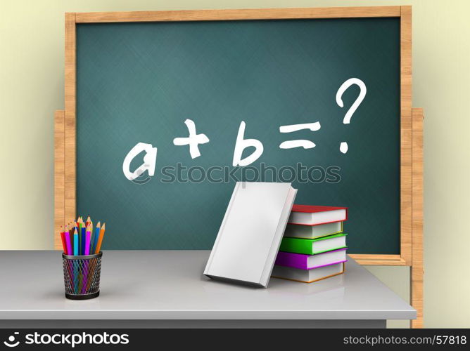 3d illustration of board with math exercise text and books stack. 3d blank