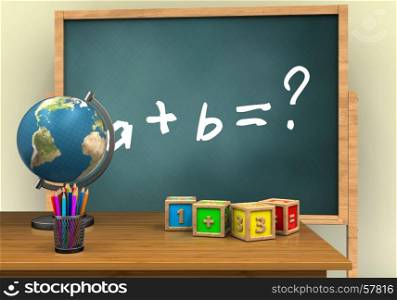 3d illustration of board with math exercise text and math cubes. 3d math cubes