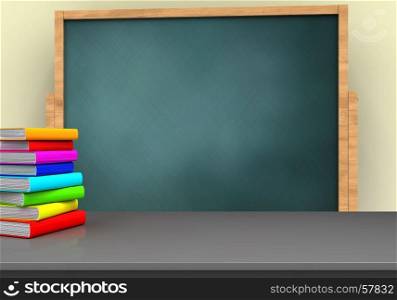 3d illustration of board with t and pile of literature. 3d pile of literature