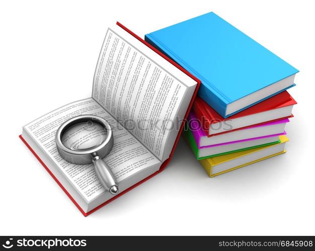 3d illustration of books and magnify glass, over white background. books and magnify glass