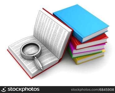 3d illustration of books and magnify glass, over white background. books and magnify glass