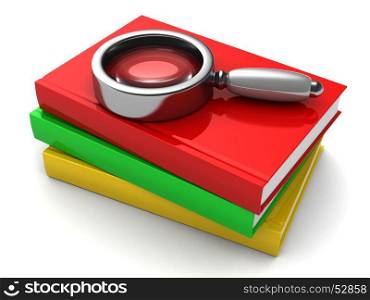 3d illustration of books stack and magnifying glass on it