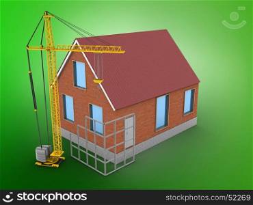 3d illustration of bricks house over green background with construction site. 3d bricks house