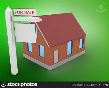 3d illustration of bricks house over green background with sale sign. 3d sale sign