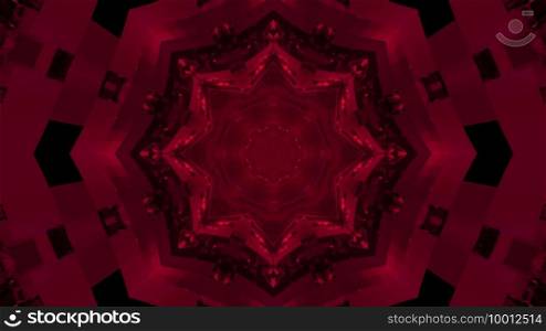 3D illustration of bright fuchsia fractal floral pattern in dark tunnel as abstract background. 3D illustration of symmetric fuchsia kaleidoscope background