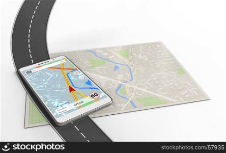 3d illustration of bright map with mobile navigation and. 3d bright map