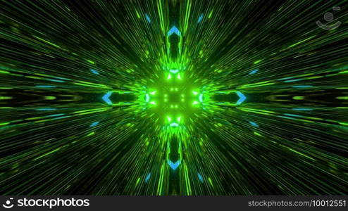 3D illustration of bright neon rays glowing in dark tunnel with abstract pattern. 3D illustration of abstract neon lights forming symmetric pattern
