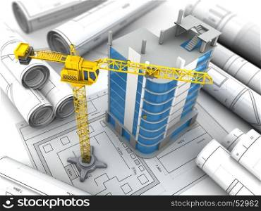 3d illustration of building construction concept, crane and blueprints
