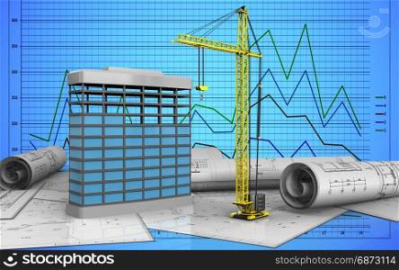3d illustration of building construction over graph background. 3d blank