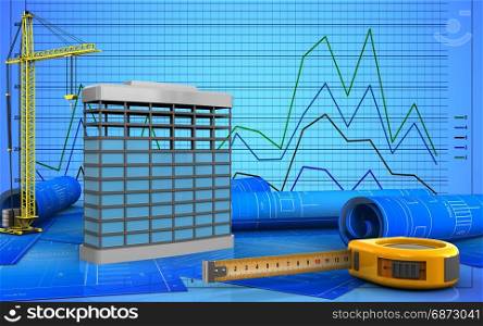 3d illustration of building construction with crane over graph background. 3d of ruler