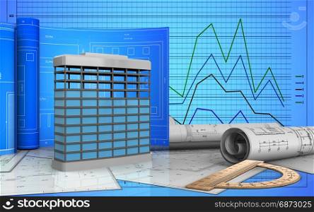 3d illustration of building construction with drawing roll over graph background. 3d protractor