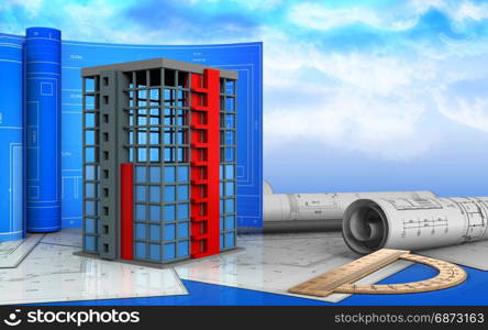3d illustration of building construction with drawing roll over sky background. 3d protractor