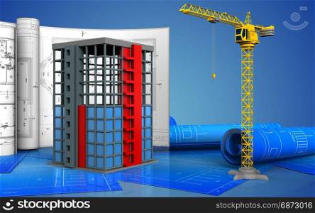 3d illustration of building construction with drawings over blue background. 3d