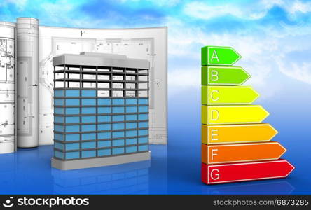 3d illustration of building construction with drawings over sky background. 3d blank