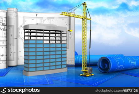 3d illustration of building construction with drawings over sky background. 3d of building construction