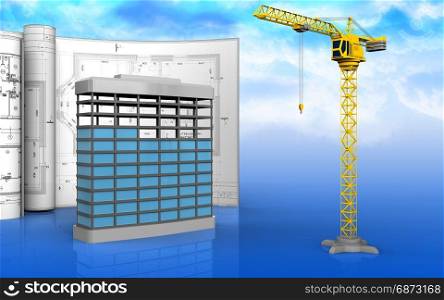 3d illustration of building construction with drawings over sky background. 3d of building construction