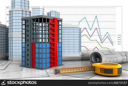 3d illustration of building construction with urban scene over business graph background. 3d of ruler