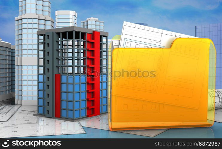 3d illustration of building construction with urban scene over skyscrappers background. 3d drawings rolls