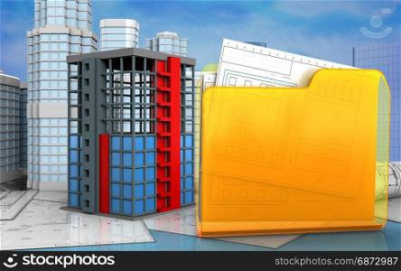 3d illustration of building construction with urban scene over skyscrappers background. 3d drawings rolls