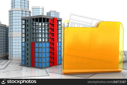 3d illustration of building construction with urban scene over white background. 3d of folder