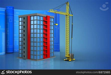 3d illustration of building with drawing roll over blue background. 3d of crane