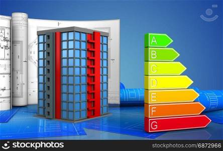 3d illustration of building with drawings over blue background. 3d with drawings