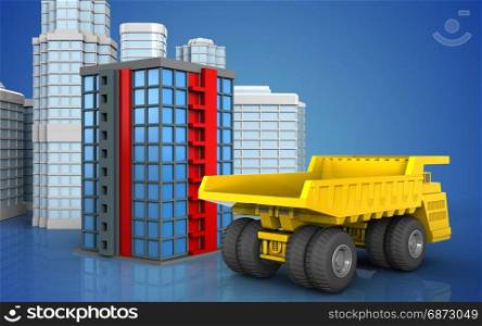3d illustration of building with urban scene over blue background. 3d of building