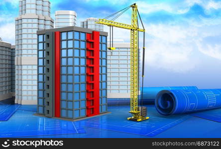 3d illustration of building with urban scene over sky background. 3d