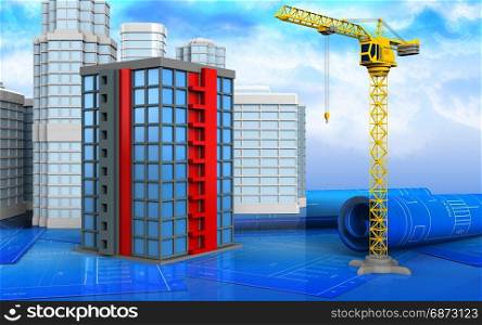 3d illustration of building with urban scene over sky background. 3d of building