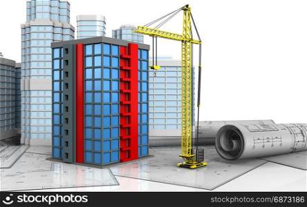 3d illustration of building with urban scene over white background. 3d of crane
