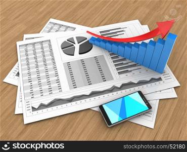3d illustration of business charts and arrow graph over wood background. 3d arrow graph