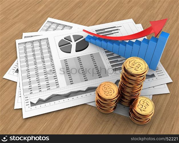 3d illustration of business charts and arrow graph over wood background. 3d arrow graph
