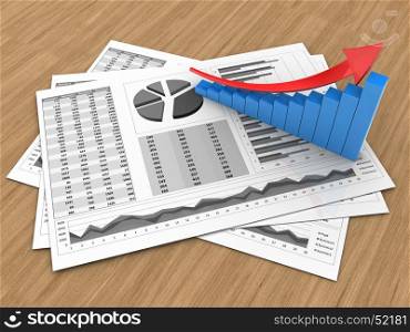 3d illustration of business charts and arrow graph over wood background. 3d blank