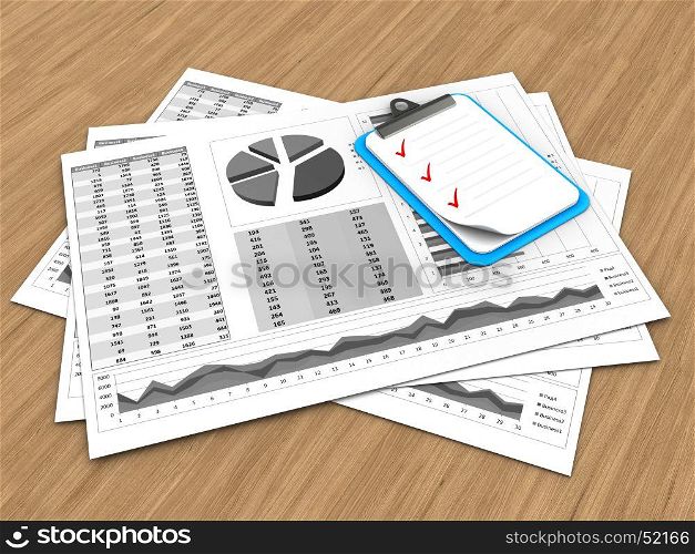 3d illustration of business charts and clipboard over wood background. 3d clipboard
