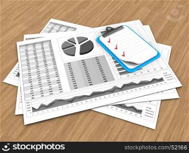 3d illustration of business charts and clipboard over wood background. 3d clipboard