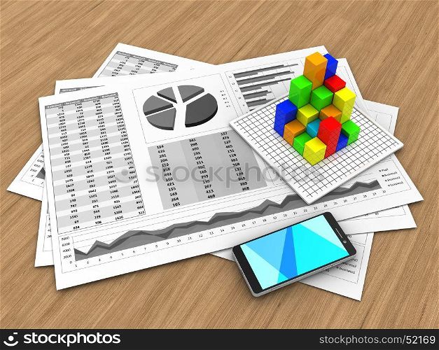 3d illustration of business charts and graph over wood background. 3d blank