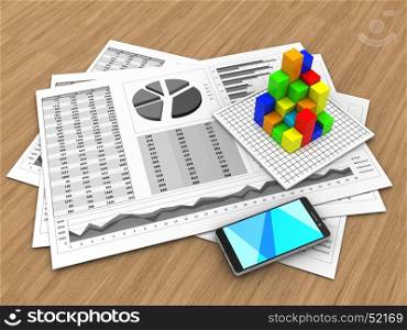 3d illustration of business charts and graph over wood background. 3d blank