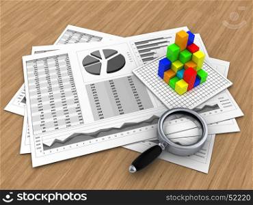 3d illustration of business charts and graph over wood background. 3d business charts